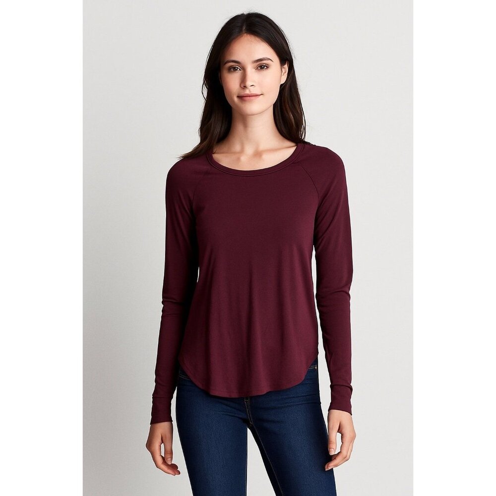 American Eagle Soft & Sexy Maroon Long Sleeve Tee | Jegging Fit Rounded Hem | Wo